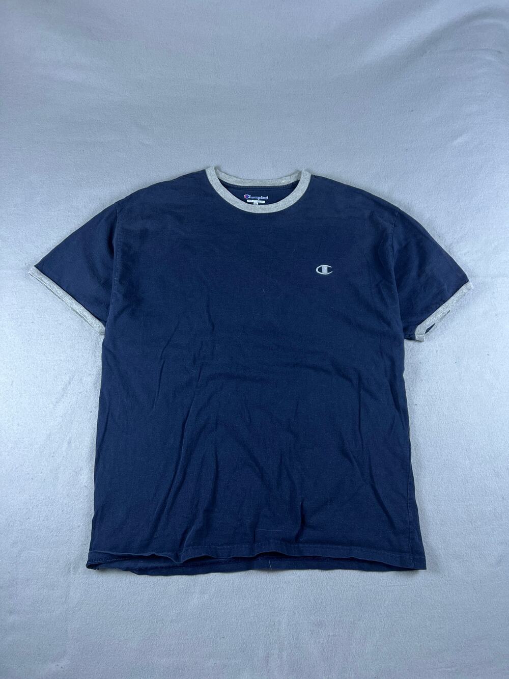Champion T-Shirt Mens XL Blue Short Sleeve Crew Neck Logo Embroidered Ringer Tee